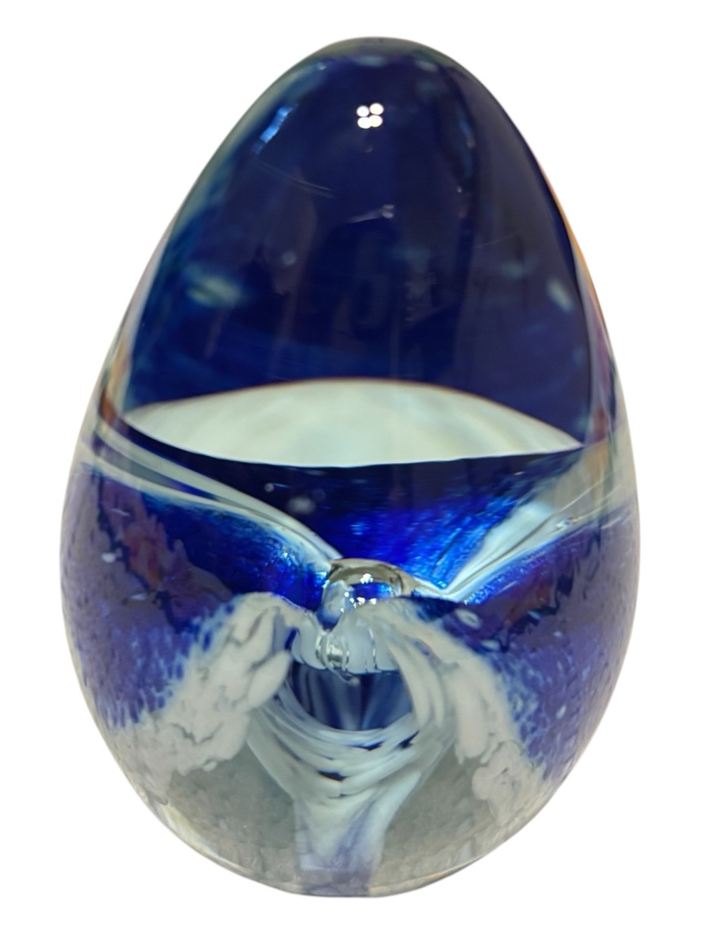 Handmade vintage Blue and white flower Glass Art paperweight Sculpture - GES 94
